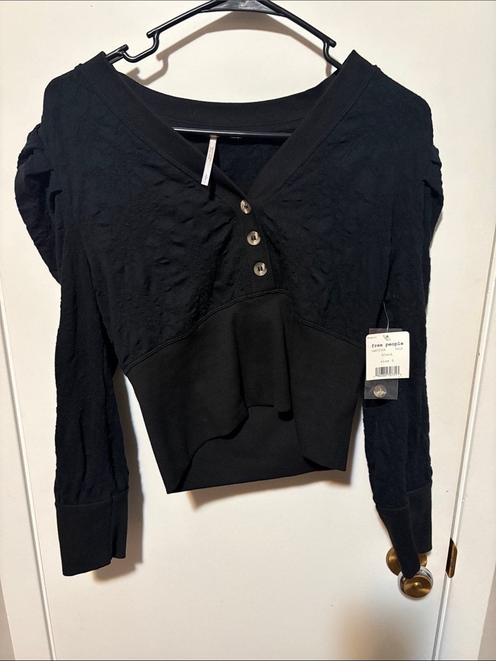 NWT Free People Black Cropped Henley Sweatshirt with Button Placket